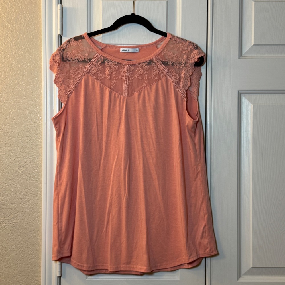 Miholl Women's XL Sleeveless Coral Orange Lace Upper Scalloped Sleeveles Flowy